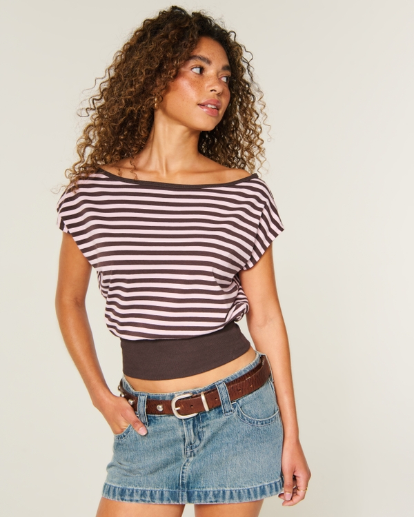 Banded Off-the-Shoulder Top, Light Pink Stripe view 1