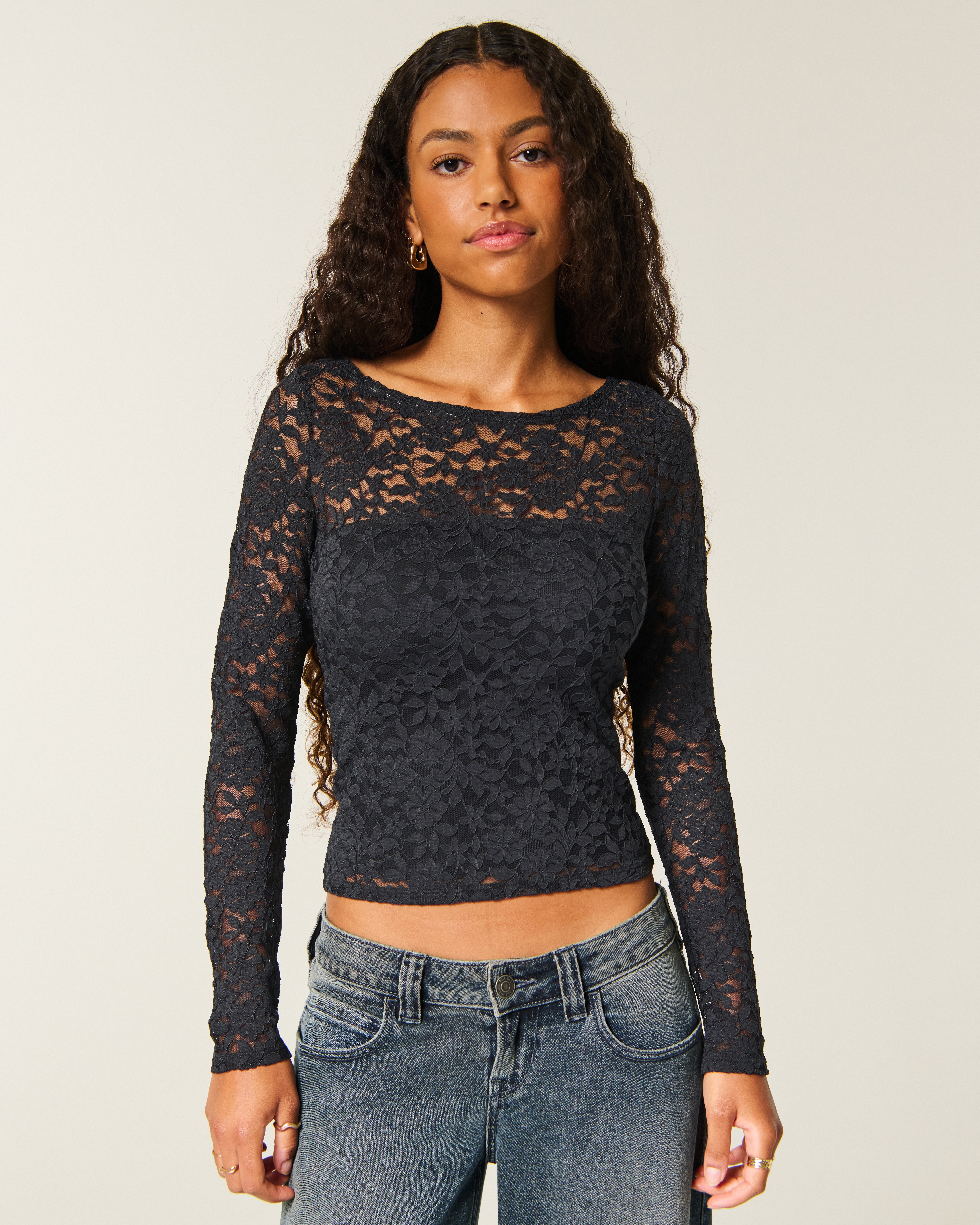 All-Over Lace Slash-Neck Top