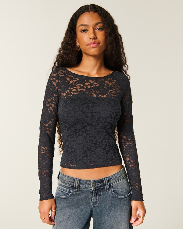 All-Over Lace Slash-Neck Top