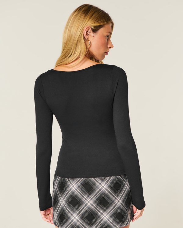 Long-Sleeve Soft Seamless Fabric Scoop T-Shirt, Black view 2