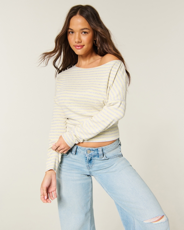 Banded Knit Off-the-Shoulder Top, Yellow Stripe view 1
