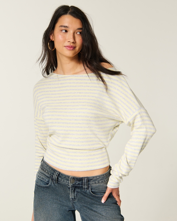 Banded Knit Off-the-Shoulder Top, Yellow Stripe view 2