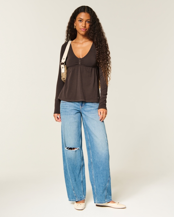 Long-Sleeve Henley Babydoll Top, Espresso view 2