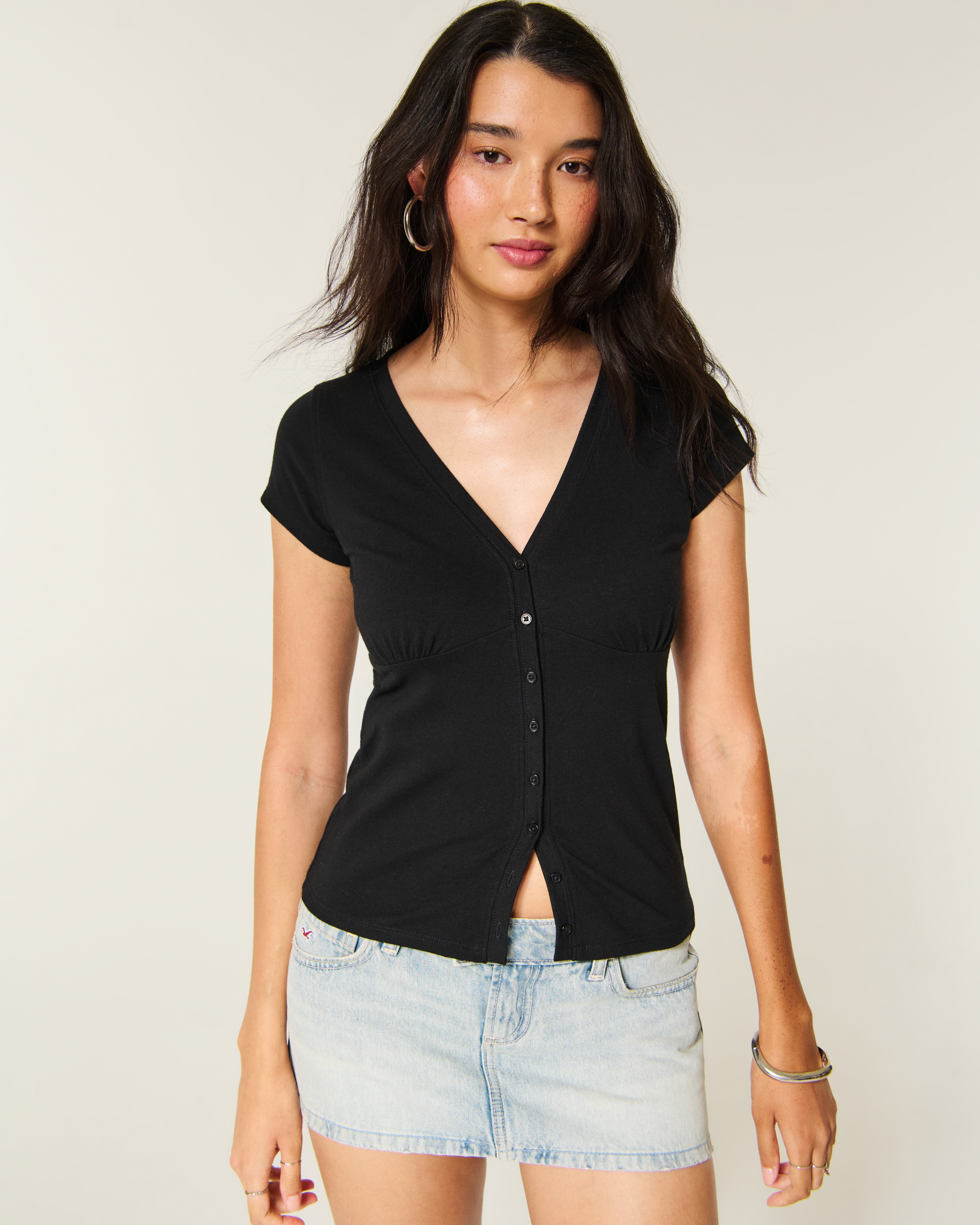 Short-Sleeve V-Neck Button-Through Top