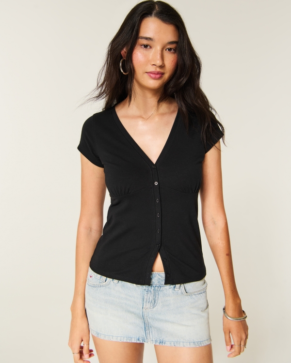 Short-Sleeve V-Neck Button-Through Top, Black view 1