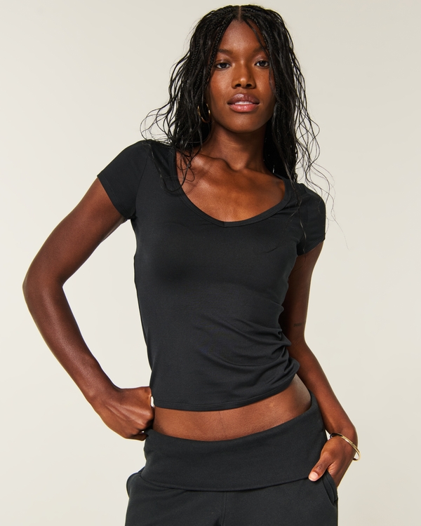 Smooth Seamless Fabric V-Neck T-Shirt, Black view 1