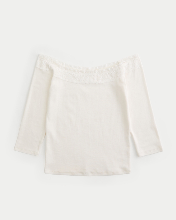 Lace Trim Off-the-Shoulder Top, White view 1