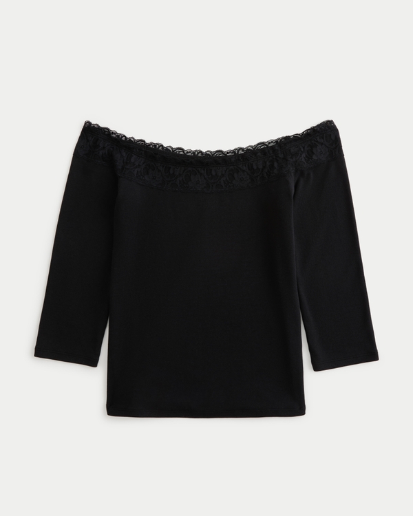 Lace Trim Off-the-Shoulder Top, Black view 1