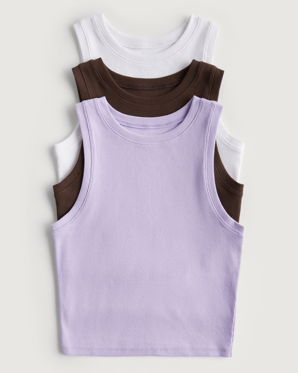 Ribbed High-Neck Tank 3-Pack, White-brown-purple