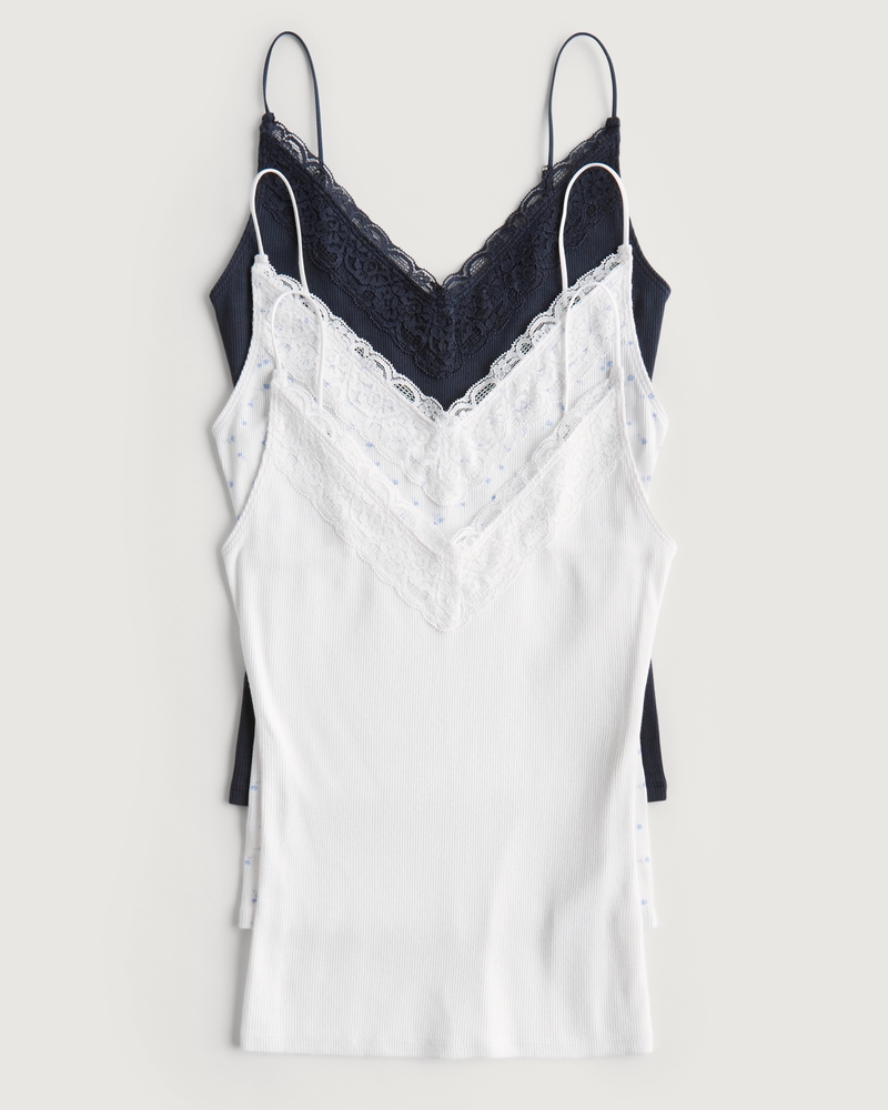 Hollister Women's Lace Trim Ribbed Tank Top, Size XS. Navy blue.