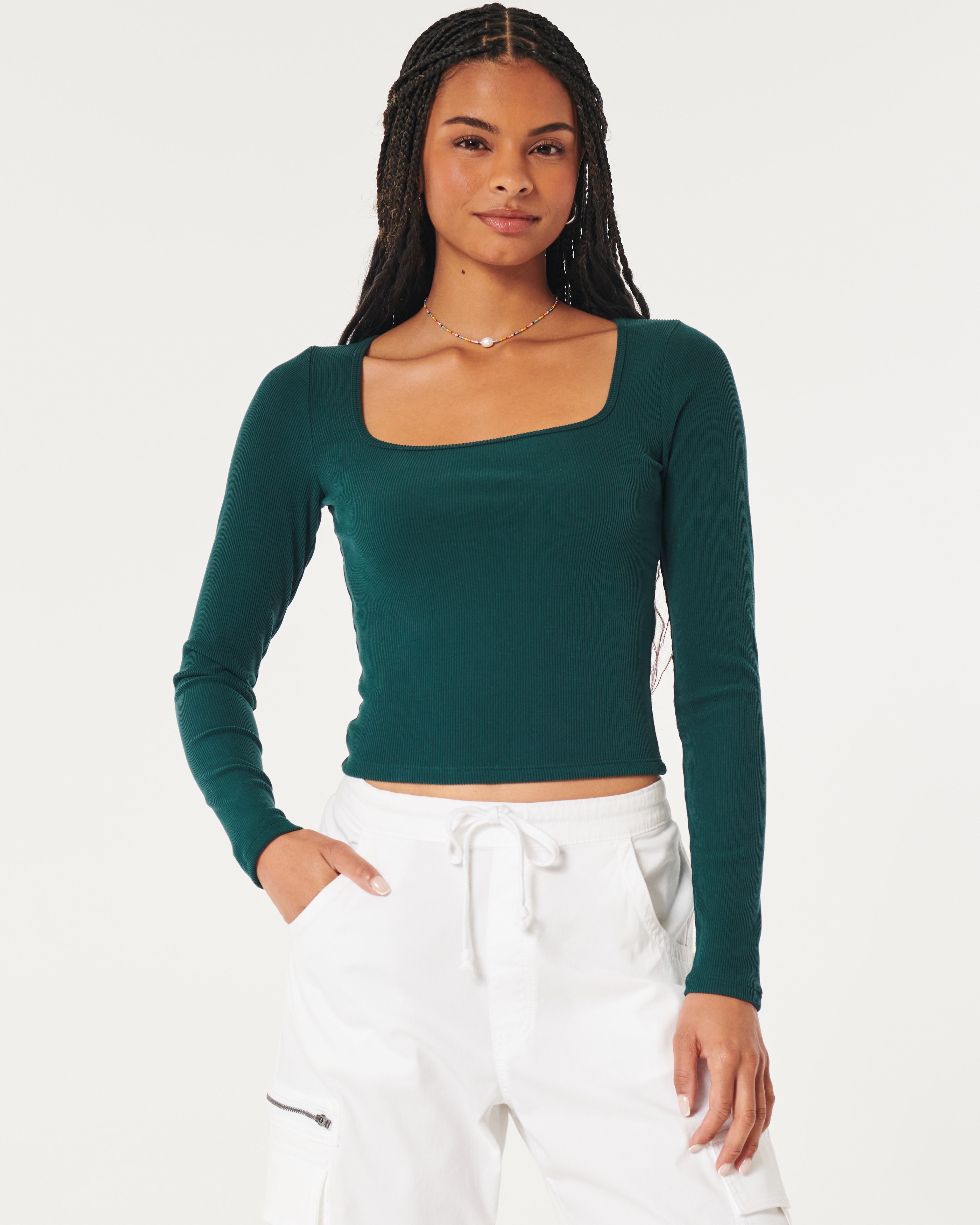 Ribbed Seamless Fabric Square-Neck Top