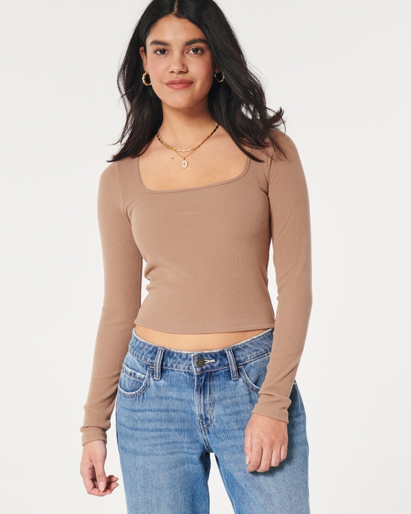 Ribbed Seamless Fabric Square-Neck Top, Light Brown