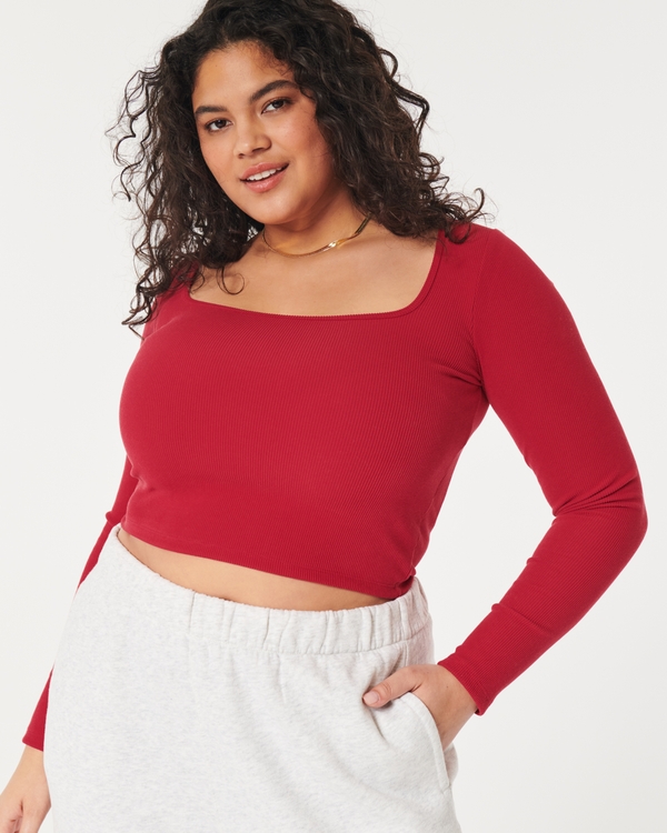 Ribbed Seamless Fabric Square-Neck Top, Red