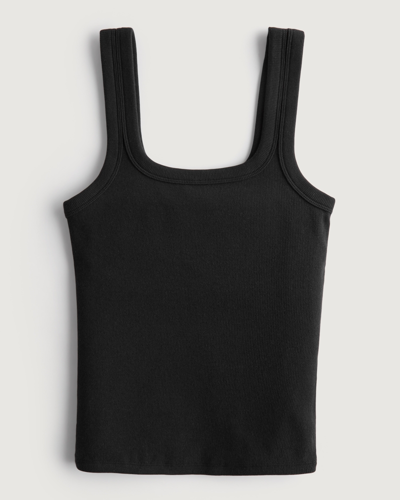 Women's Ribbed Square-Neck Tank in Black Size Xs Long from Hollister