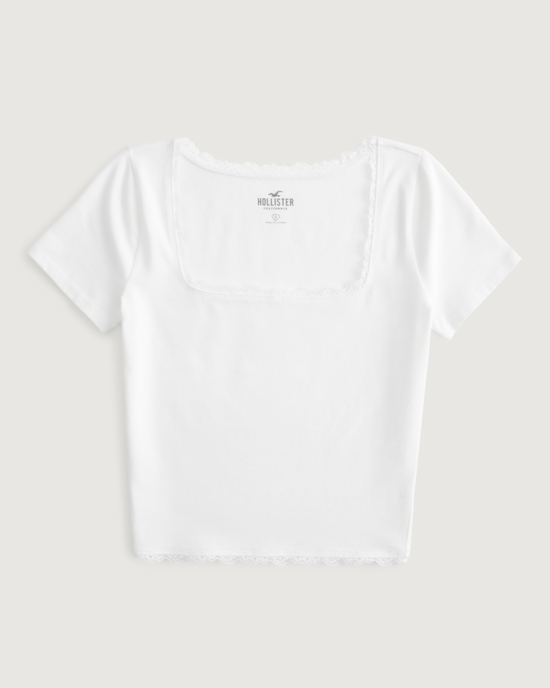 Women's Lace Trim Square-Neck Baby Tee, Women's Clearance