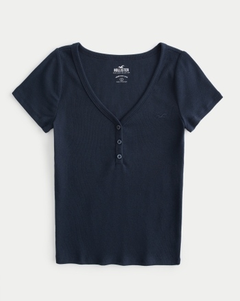 Women's Longer Length Ribbed V-Neck Henley | Women's Tops | HollisterCo.com