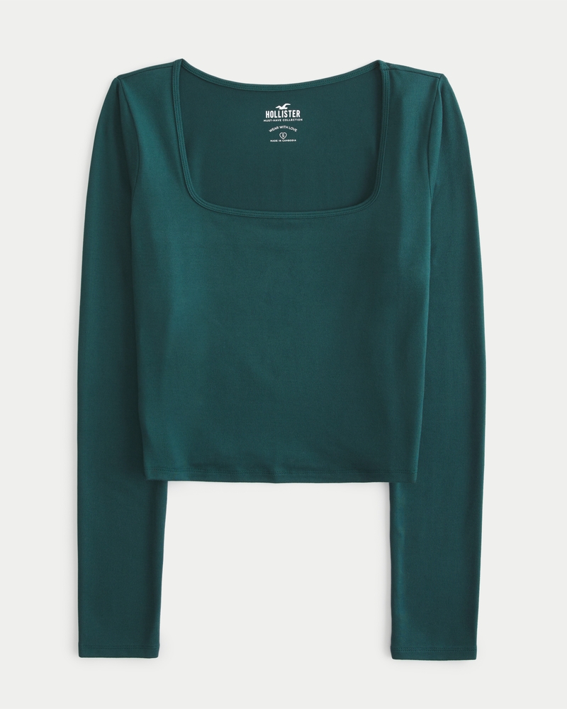 Hollister T-Shirt with Henley Neck Long Sleeves in Green