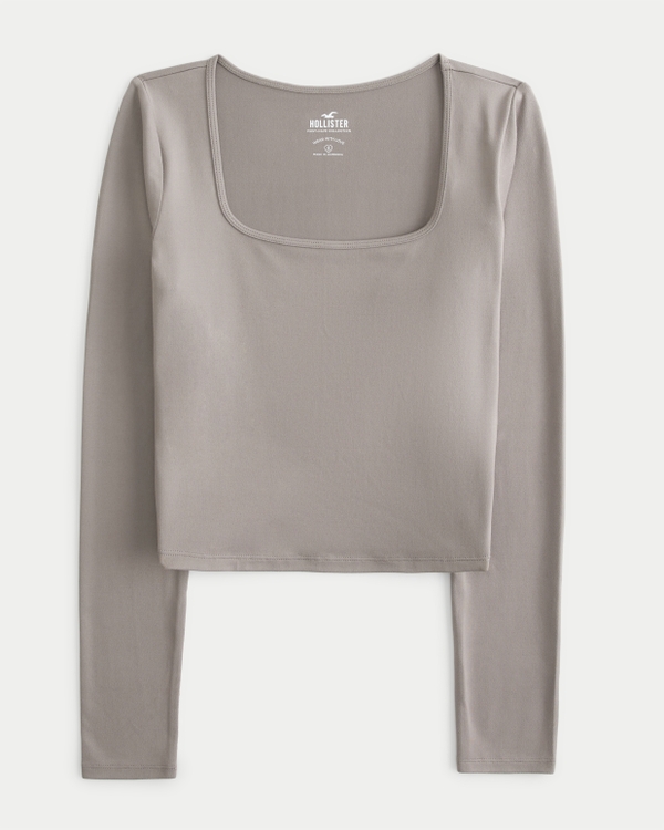 Seamless Fabric Long-Sleeve Square-Neck T-Shirt, Light Brown