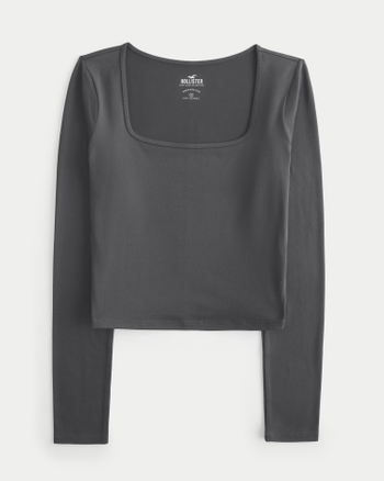 Women's Long-Sleeve Seamless Fabric Square-Neck Top, Women's Clearance