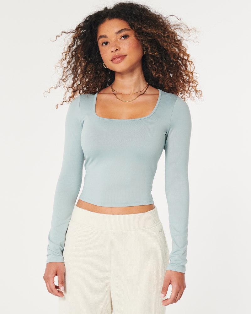 Women's Long-Sleeve Seamless Fabric Square-Neck Top