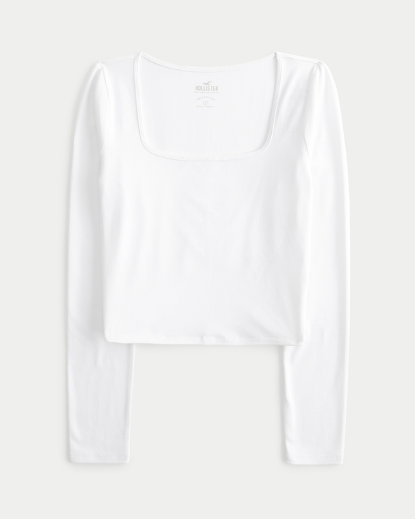 Seamless Fabric Long-Sleeve Square-Neck T-Shirt, White