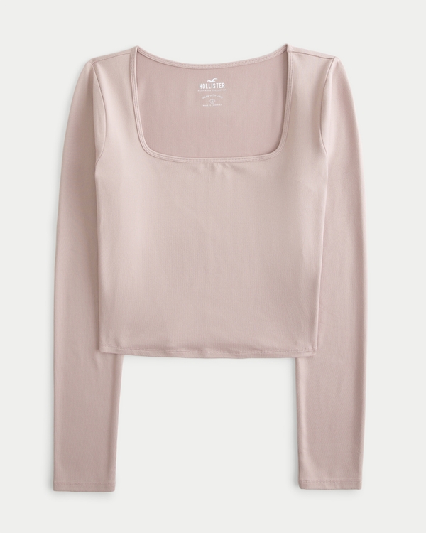 Seamless Fabric Long-Sleeve Square-Neck T-Shirt, Light Pink