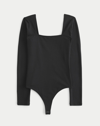 Shape Black Pu Straight Neck Bodysuit, Curve