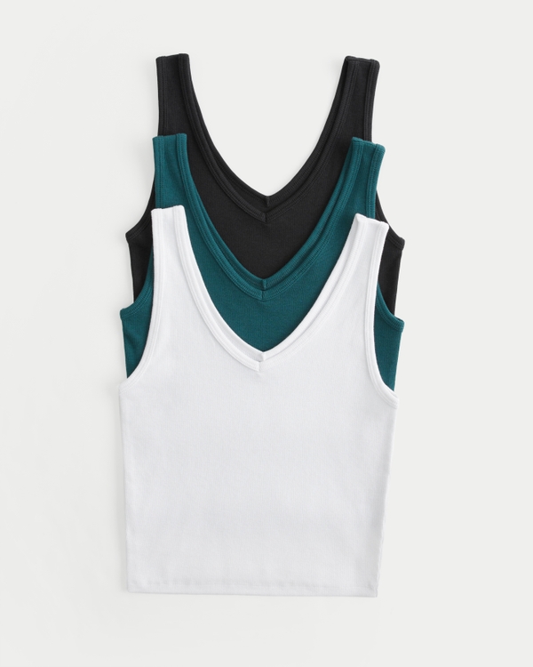 Ribbed V-Neck Tank 3-Pack, Black-dark Teal-white