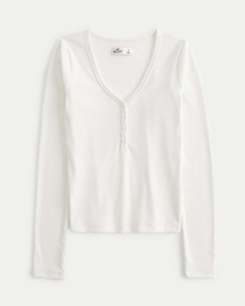 HOLLISTER STRETCH FITTED WHITE RIBBED LONG SLEEVE KNIT TOP SHIRT