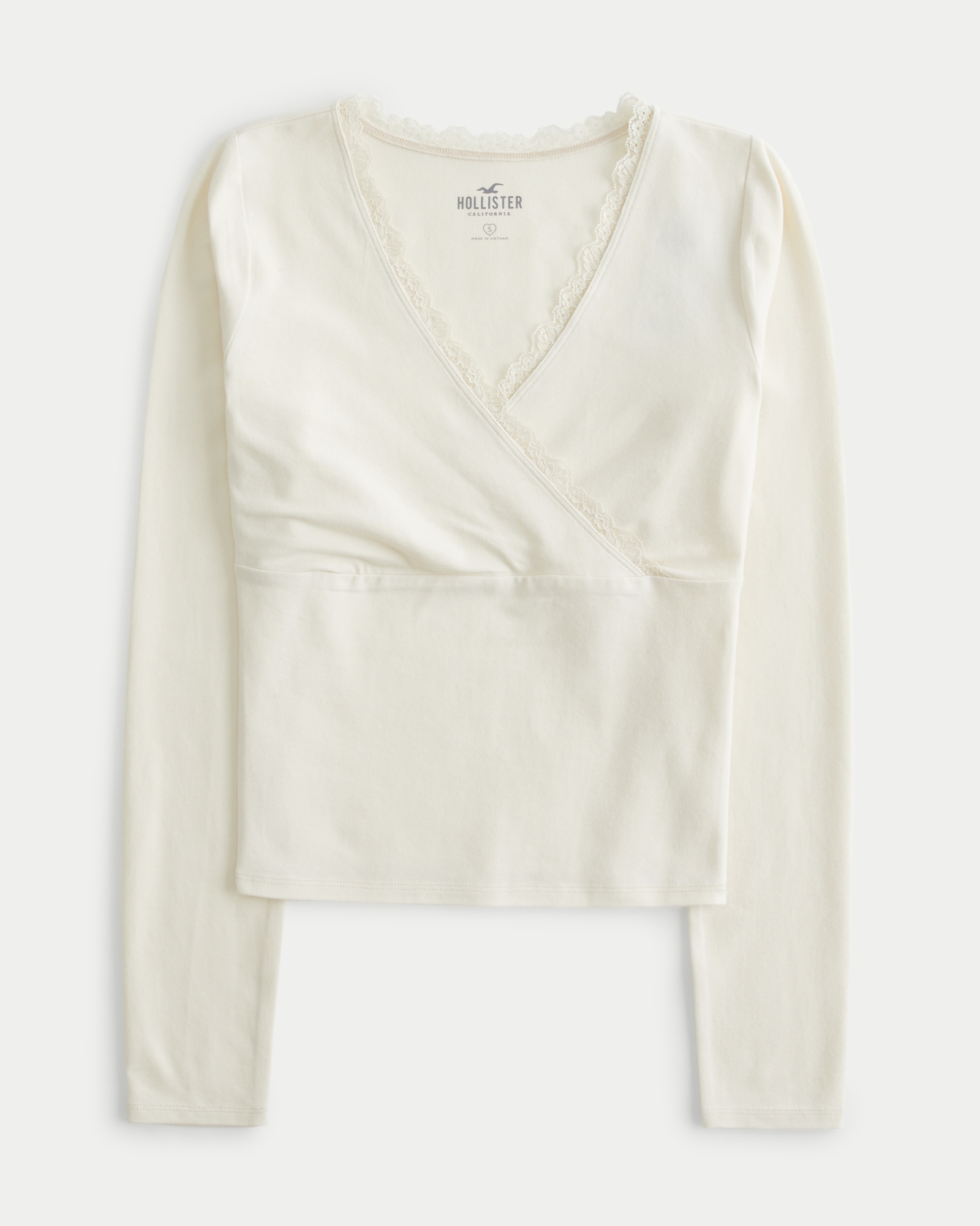 Hollister long sleeve satin blouse with lace trim in white