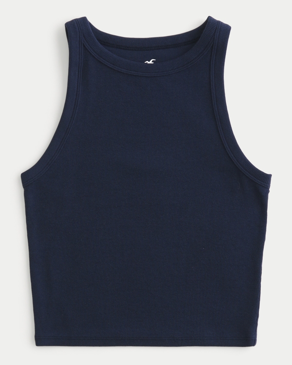 Ribbed High-Neck Tank, Navy