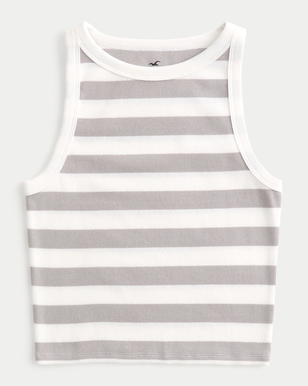 Ribbed High-Neck Tank, Taupe Stripe