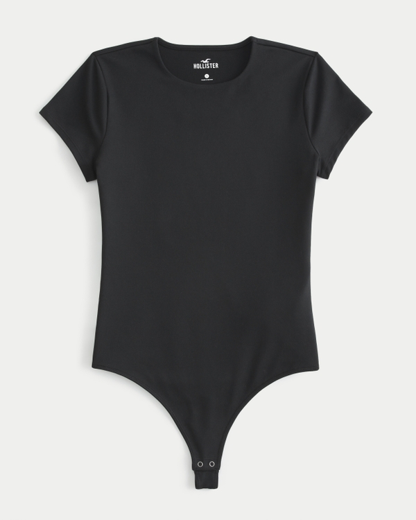 Soft Stretch Seamless Fabric Crew Bodysuit, Black