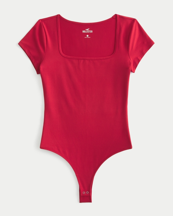 Soft Stretch Seamless Fabric Square-Neck Bodysuit, Red
