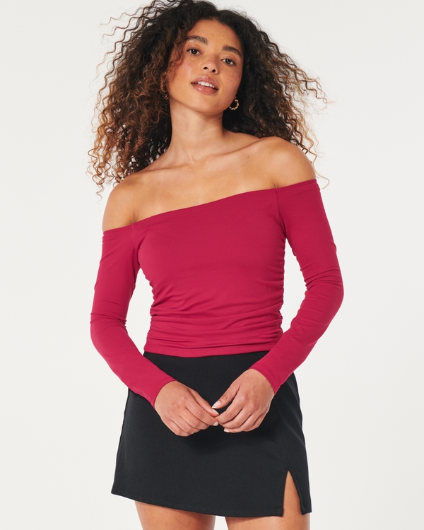 Soft Stretch Seamless Fabric Off-the-Shoulder Shirred Top, Red