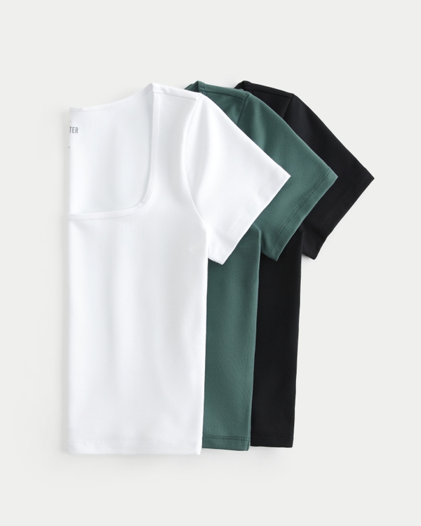 Soft Stretch Seamless Fabric Square-Neck T-Shirt 3-Pack, Black-dark Green-white