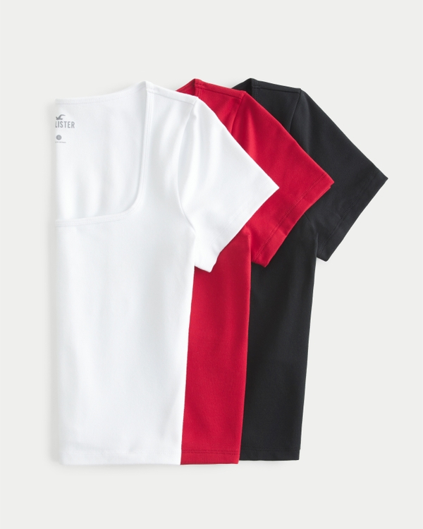 Soft Stretch Seamless Fabric Square-Neck T-Shirt 3-Pack, Black, Red, White