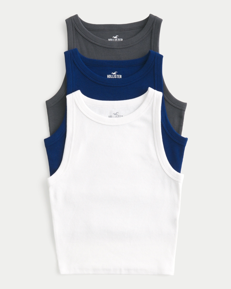 Women s Ribbed High Neck Tank 3 Pack in Dark Grey Blue White Size L from Hollister