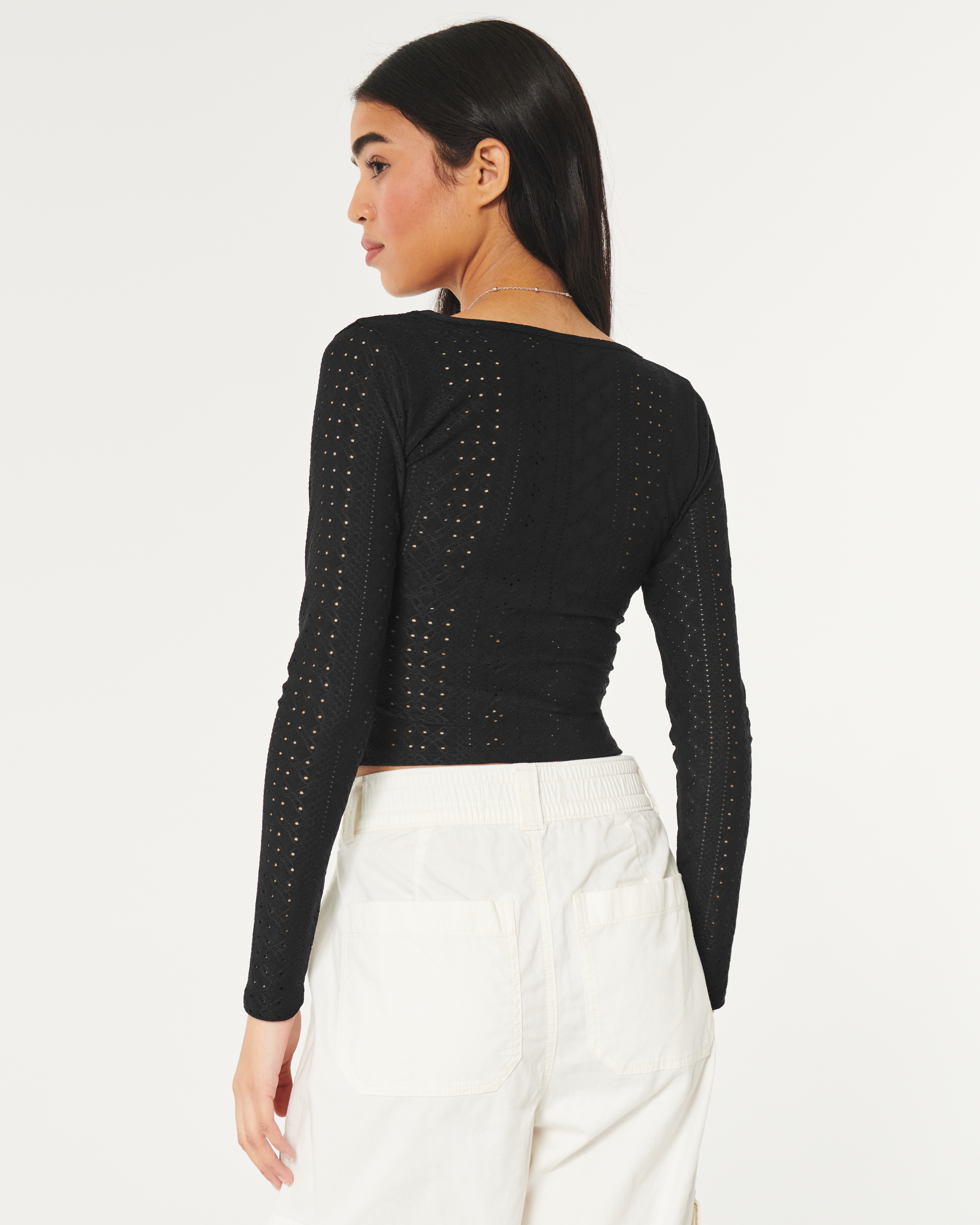 Long-Sleeve Eyelet Square-Neck Top