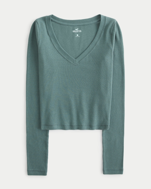 Hollister T-Shirt Womens S Small Green Twist Front V-Neck Long Sleeve  Casual Tee