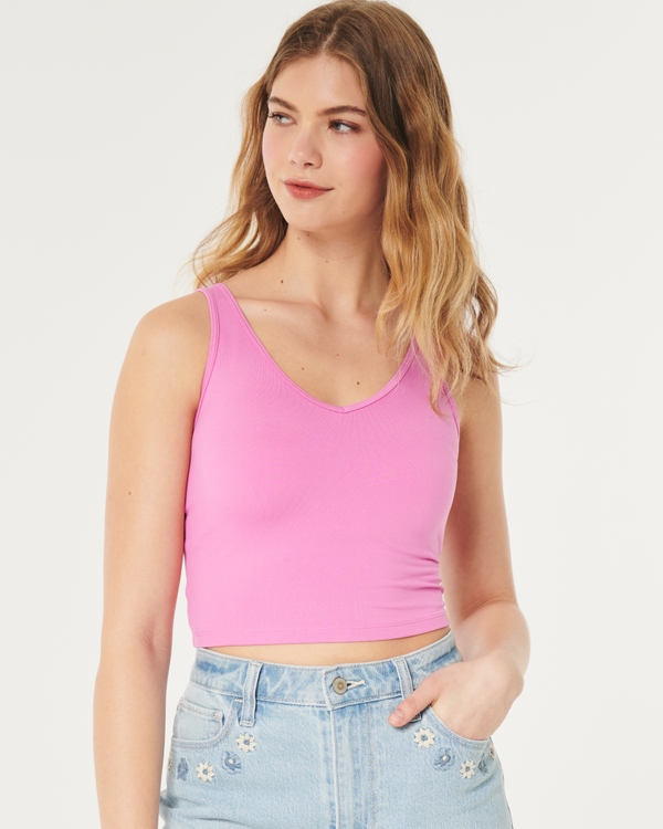 Soft Stretch Seamless Fabric Crop V-Neck Tank, Pink