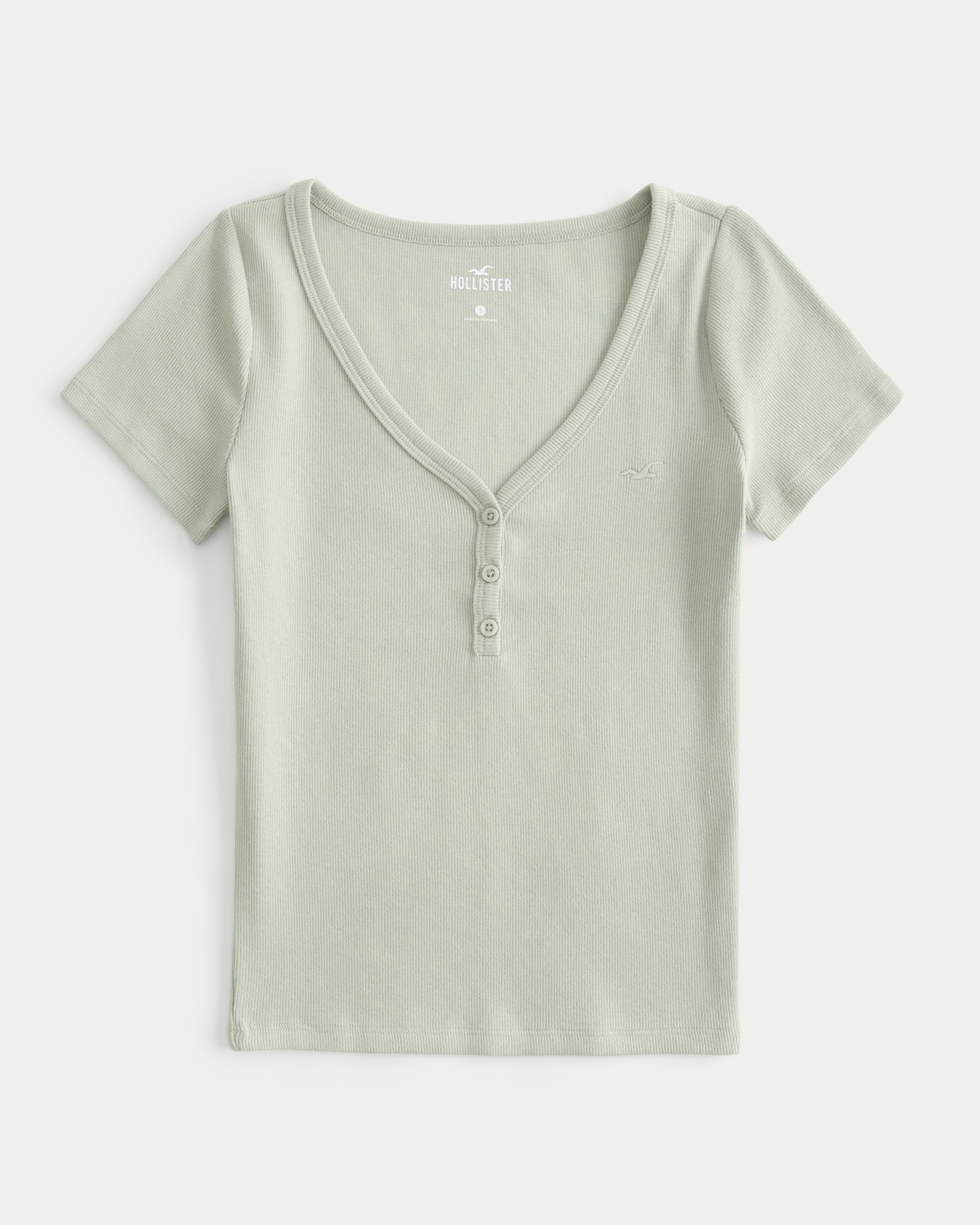 Women s Ribbed Short Sleeve Icon Henley in Sage Green Size XXL from Hollister