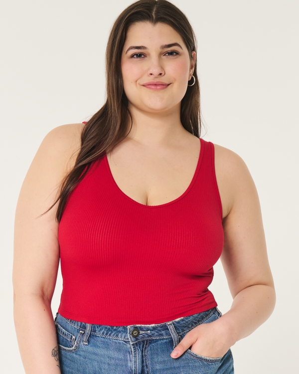 Ribbed Seamless Fabric V-Neck Tank, Red