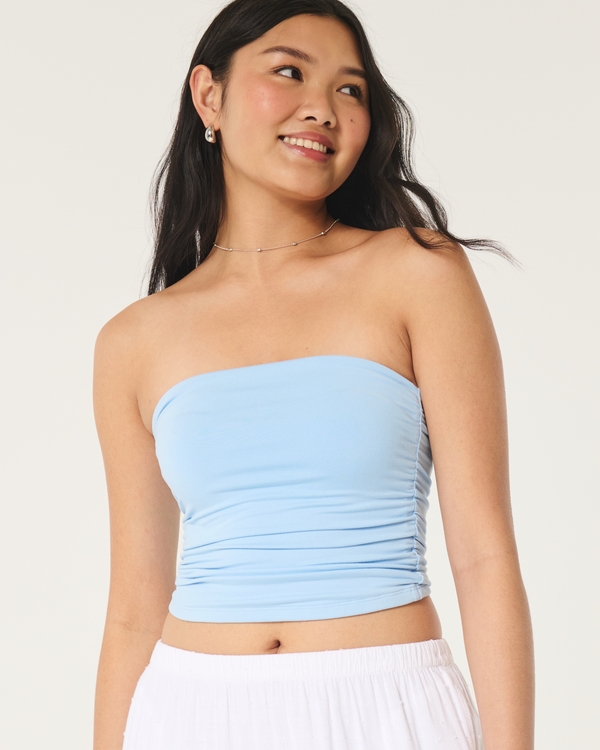 Ruched Seamless Fabric Tube Top, Light Blue