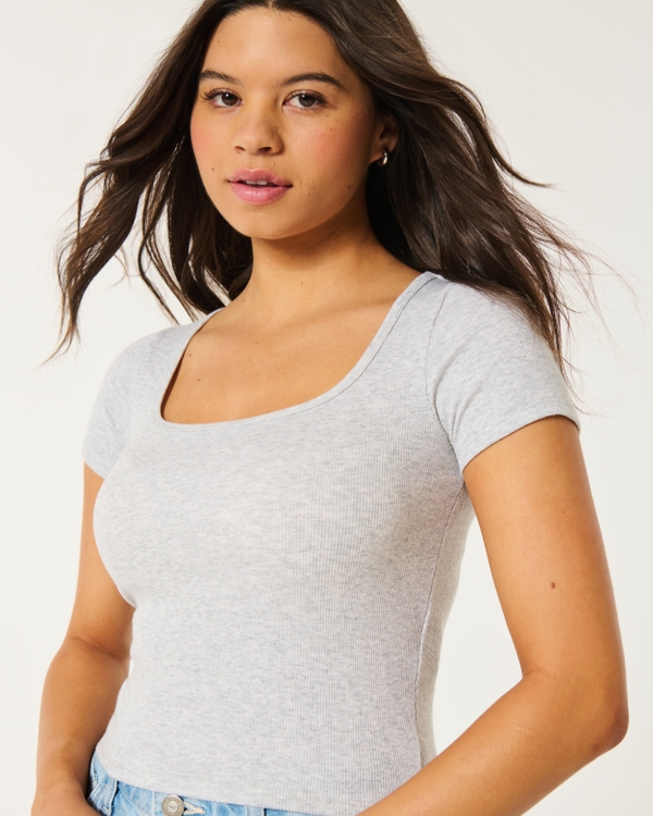 Ribbed Square-Neck Baby Tee, Light Heather Grey