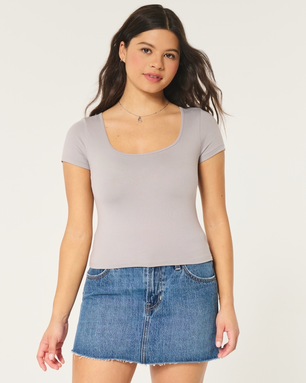 Seamless Fabric Square-Neck Baby Tee, Light Brown Grey view 1