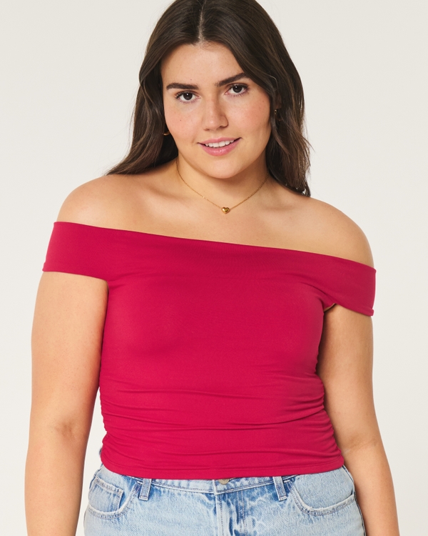 Soft Stretch Seamless Fabric Ruched Off-the-Shoulder Top, Red