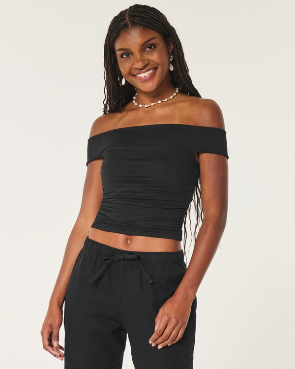 Soft Stretch Seamless Fabric Ruched Off-the-Shoulder Top, Black