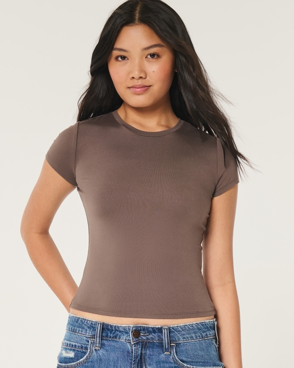 Seamless Fabric Longline Crew Baby Tee, Dark Brown