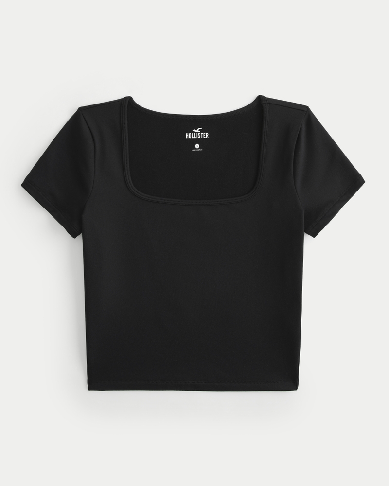 Women s Soft Stretch Seamless Fabric Square Neck Baby Tee in Black Size XXL from Hollister